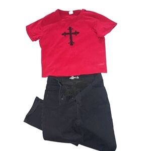 4/$15 Dark Red T-Shirt with Black Cross and Black Jeans Girls Size 12